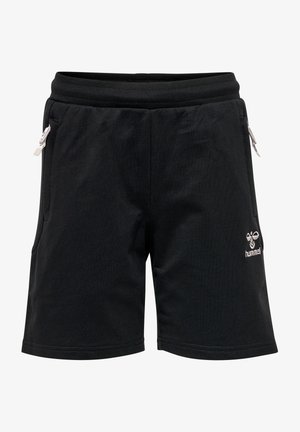 Schwarze Sportshorts mit elastischem Bund, zwei seitlichen Taschen und gesticktem Logo. Glattes Material, knielanger Schnitt, minimalistische Ausführung.