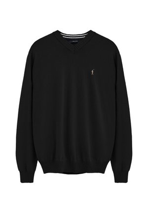 Jersey negro de manga larga con cuello en V, puños y bajo de canalé, con un pequeño logo de jugador de polo beige en el pecho izquierdo.
