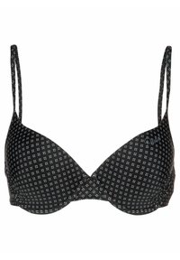 Zwarte beha met gevoerde driehoekige cups, dunne verstelbare bandjes en een klein herhalend wit vierkantpatroon. Heeft een centrale twistontwerp.