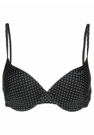 Zwarte beha met gevoerde driehoekige cups, dunne verstelbare bandjes en een klein herhalend wit vierkantpatroon. Heeft een centrale twistontwerp.