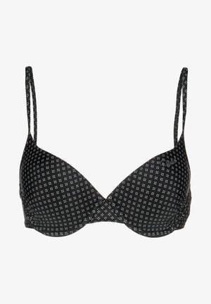 Zwarte beha met gevoerde driehoekige cups, dunne verstelbare bandjes en een klein herhalend wit vierkantpatroon. Heeft een centrale twistontwerp.