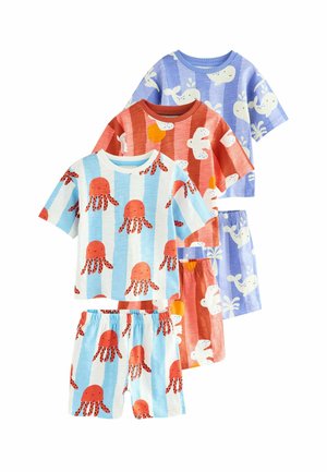 Ensemble de pyjamas pour enfants comprenant des tops à manches courtes et des shorts. Les couleurs incluent le bleu, le rouge et le violet clair avec des motifs de pieuvres et de baleines.