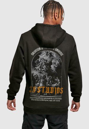 Black hoodie featuring a large graphic print on the back, depicting a religious scene, with text in white and orange, and a drawstring hood.