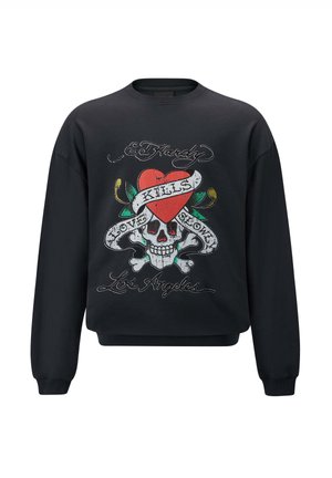 Czarny sweter z nadrukiem z przodu przedstawiającym czaszkę z czerwonym sercem i kwiatami, napis "LOVE KILLS SHOW" oraz "Los Angeles". Długie rękawy, okrągły dekolt.