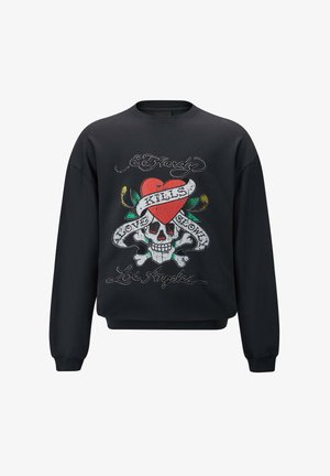 Sort sweatshirt med en frontgrafik af et kranium med et rødt hjerte og blomster, tekst "LOVE KILLS SHOW" og "Los Angeles." Lange ærmer, rund hals.