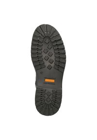Schwarze Gummisohle mit strukturierten Rillen und Mustern, mit den Logos "aircomfort" und "Jomos" in Orange. Größe 42.