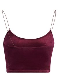 Burgunderfärgad sammetstopp med kort längd och tunna spagettiband, som har en mjuk textur och en liten logotyp vid fållen.