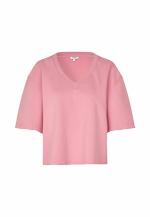 Tricou roz din bumbac cu guler în V, mâneci scurte și croială lejeră. Textură netedă și culoare solidă, cu un design minimalist.