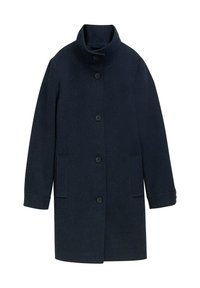 Abrigo de lana azul marino con un cuello alto, cierre de botones en la parte frontal y dos bolsillos laterales. Presenta un corte recto y una tela texturizada.