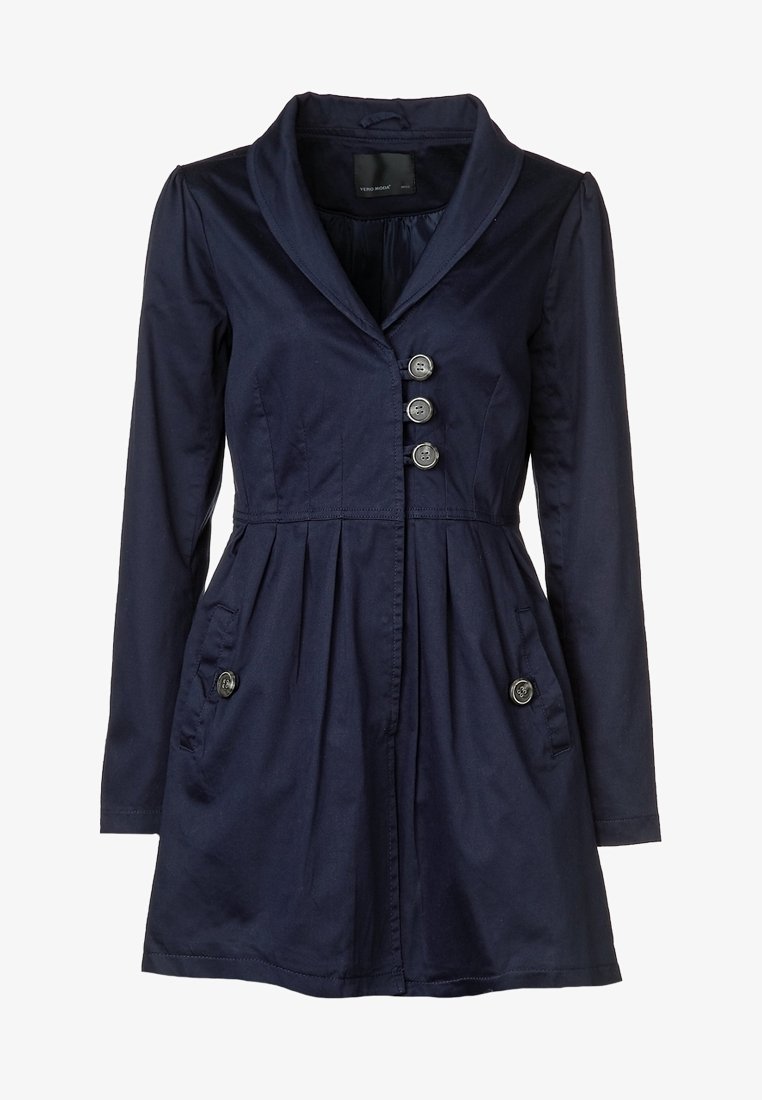 Laivastonsininen trenssitakki, jossa on lovikaulus, viisi napillista edessä, kaksi sivutaskua ja vyötärölle kerättyä yksityiskohtaa.