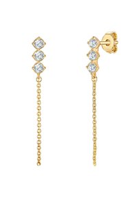 Zelta krāsas karājošās auskari ar trim caurspīdīgām dārgakmeņiem augšpusē, savienoti ar smalku ķēdīti, ar drošu fiksēšanas tapu.