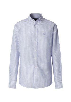 Hellblau-weiß gestreiftes Langarm-Hemd mit Knopfleiste und einem kleinen, auf der linken Brust eingestickten Logo.