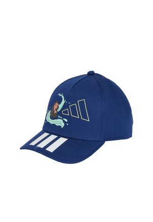 Granatowa czapka Adidas z białymi paskami na daszku, z grafiką Disney Moana i stylizowanym wzorem rozprysków wody na przednim panelu.