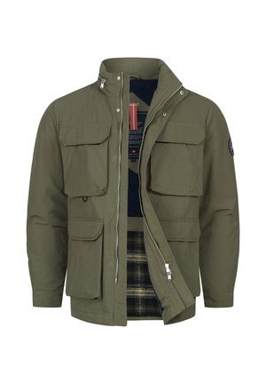 Olivgrüne Jacke mit Reißverschluss, vier Fronttaschen und einem weichen, navyblauen Innenfutter mit Karomuster. Druckknöpfe am Kragen und an den Manschetten.