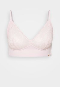 Bralette rosa claro feito de renda e tecido suave. Apresenta uma forma triangular, alças ajustáveis e uma faixa inferior sem costura.
