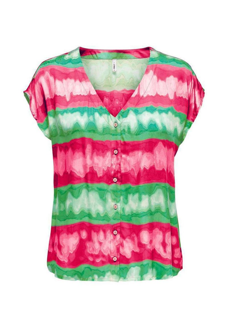 Blouse à manches courtes, décolletée en V, présentant un motif fluide de rayures horizontales en rose, vert et blanc, avec de petits boutons sur le devant.