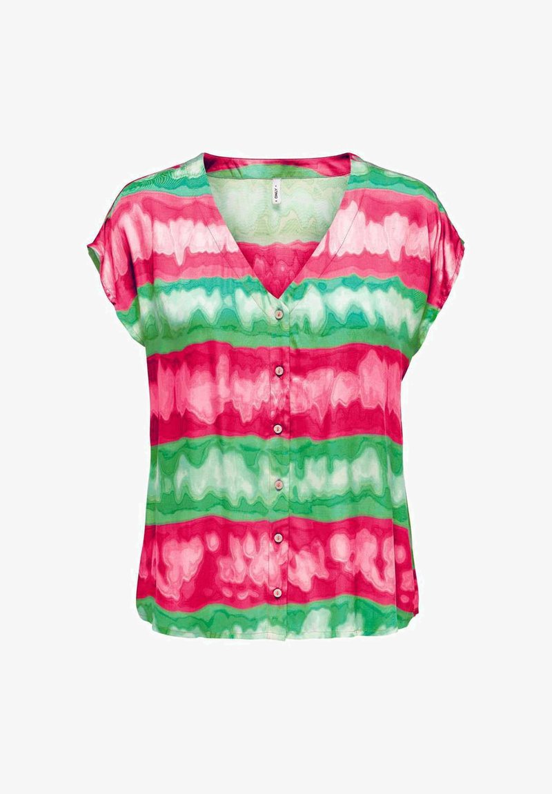 Blouse à manches courtes, décolletée en V, présentant un motif fluide de rayures horizontales en rose, vert et blanc, avec de petits boutons sur le devant.