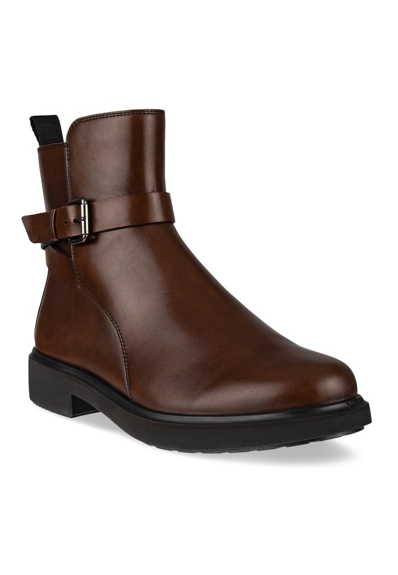 Bruna läderankelstövlar med en slät yta, prydda med ett spänne och en låg svart gummisula. Designade för enkel användning och stabilitet.