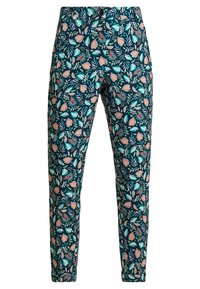Floral-print trousers in navy blue, featuring pink and teal leaf patterns, slim fit, soft fabric, with a button closure and side pockets.