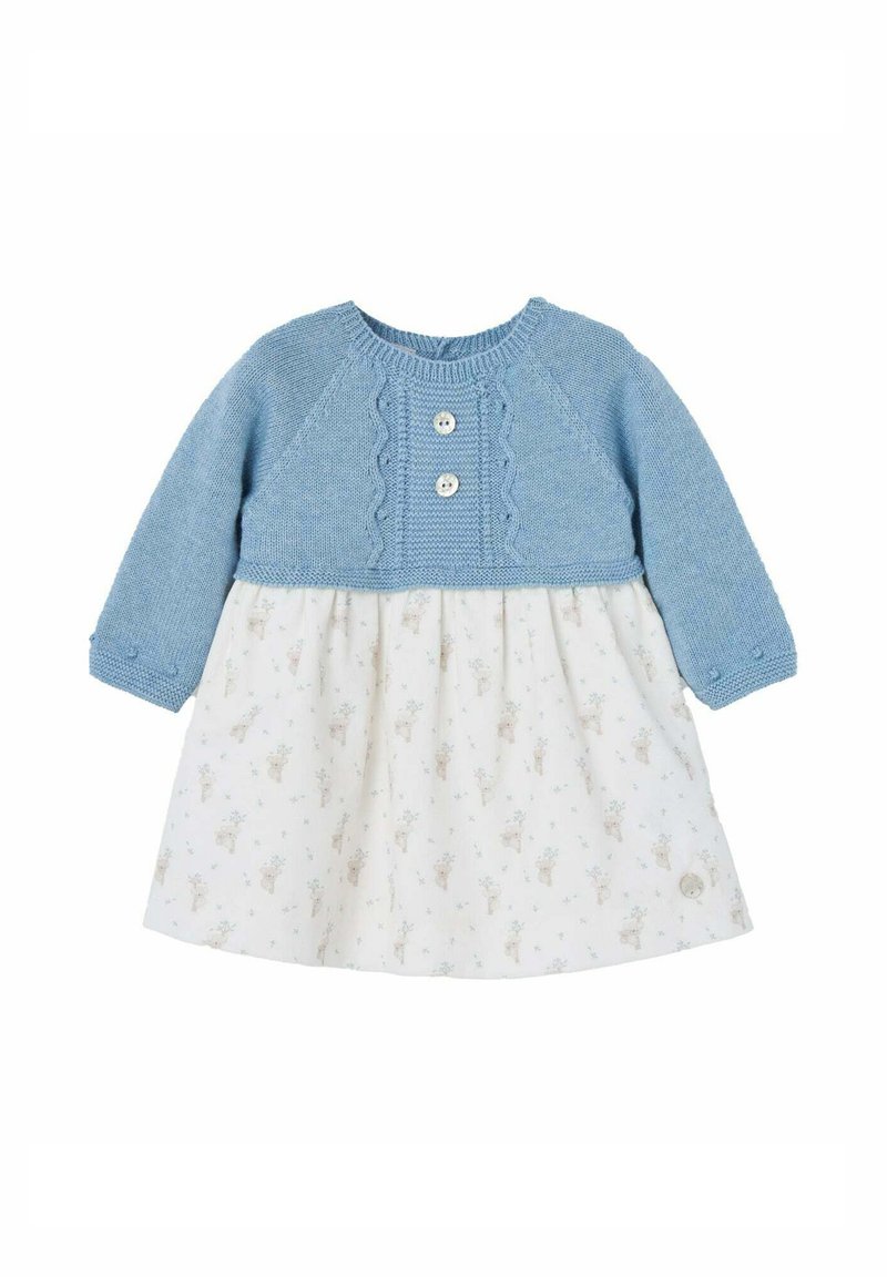 Robe tricotée bleu clair avec des manches longues, deux boutons et une jupe blanche à motifs floraux. Présente un corsage texturé et des accents en forme de vagues.