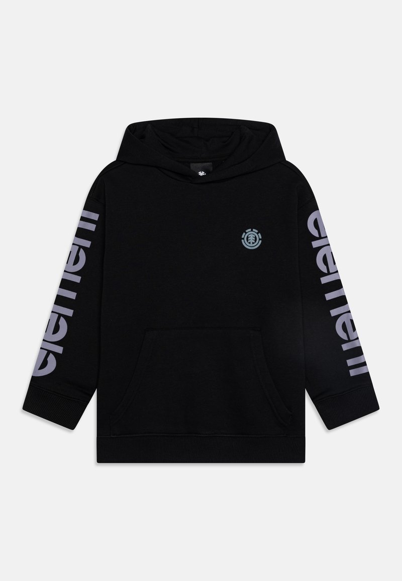 Černá mikina s kapucí, přední kapsou a logem na hrudi. Rukávy zobrazují slovo "element" v šedém písmu.