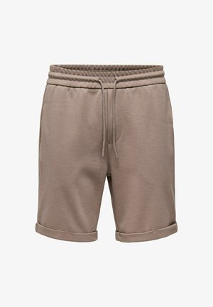 Taupekleurige knielange shorts met opgerolde zoom, elastische tailleband en vooraan een trekkoordsluiting, gemaakt van een zachte, gestructureerde stof.