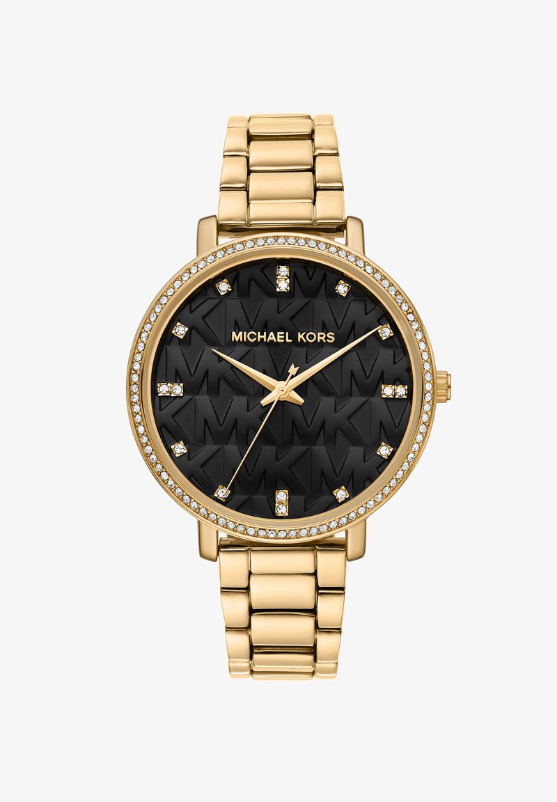Gouden metalen armbanduhr met een ronde zwarte wijzerplaat met het 'MK'-logo, kristallen accenten en gouden uur- en minutenwijzers.