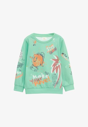 Zielona bluza z animowanymi postaciami i tekstowymi grafikami, z okrągłym dekoltem i prążkowanymi mankietami. Wzór zawiera motywy deskorolki i rozpryski.