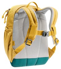 Sac à dos jaune et gris avec des panneaux en maille, des sangles réglables, une fermeture à boucle et une base turquoise ; dispose d'une poche latérale pour le rangement.