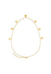 Collier en chaîne dorée avec des disques circulaires le long de sa longueur, équipé d'un fermoir à homard et d'une chaîne ajustable pour personnaliser la longueur.