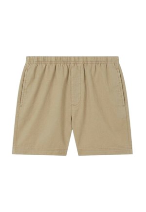 Pantaloncini beige con vita elastica, tasche laterali e cuciture minime, progettati per un uso casual.