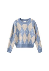 Maglione corto blu e beige con motivo argyle, scollatura rotonda, polsini e orlo a coste. Realizzato in un tessuto a maglia testurizzato.