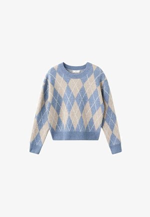 Pulover scurt bleu și bej cu un model argyle, guler rotund, manșete și tiv cu textură ribbată. Fabricat dintr-un material tricotat texturat.