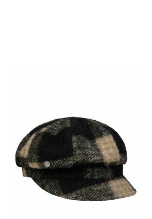 Wool blend newsboy cap with black, beige, and gray checkered pattern and small round metal logo detail on side.