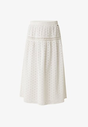 Bílá midi sukně vyrobená z texturované krajkové látky. Má elastický pas a krajkové detaily v pase, což podporuje prodyšnost.