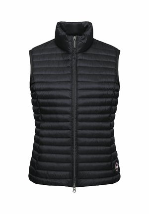 Mustast tikandiga varrukateta puffervest kõrge kraega ja ees tõmblukuga, mille alumise serva lähedal on väike ümmargune logo.