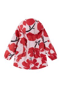 Rode jas met bloemenpatroon en capuchon, voorzien van een getailleerde taille en elastische manchetten. Gemaakt van een lichtgewicht, waterafstotend materiaal.