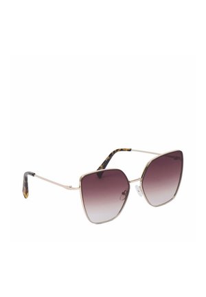 Gafas de sol cuadradas de gran tamaño con montura metálica dorada, lentes degradados en púrpura y terminales de patillas con patrón carey.