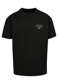 Black cotton t-shirt with a crew neck, short sleeves, and a straight cut. Features white text and graphics on the chest.