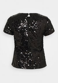 Schwarzes, kurzärmliges Oberteil, das vollständig mit Pailletten bedeckt ist. Es verfügt über eine Rückenschlitzöffnung und eine glatte Textur, die einen schimmernden Effekt erzeugt.