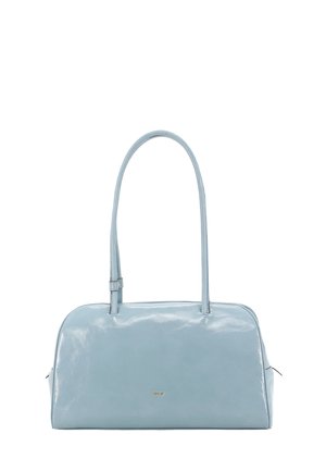 Light blue glossy handbag with long double straps and small gold logo centered on the front panel.