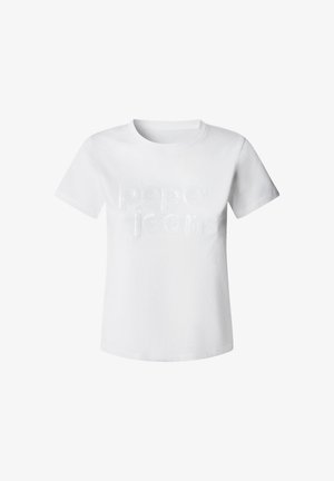 Camiseta de algodón blanca con mangas cortas y cuello redondo. Presenta un logotipo texturizado de "pepe jeans" en una fuente en negrita en la parte delantera.