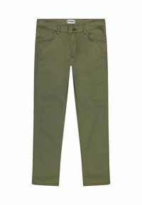 Chinos de algodón verde oliva con corte recto, que incluyen un cierre frontal con botón, trabillas para cinturón y dos bolsillos laterales. Textura suave.
