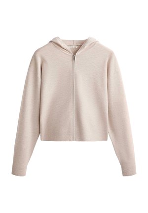Vaalea beige hupparijakku, jossa on pitkät hihat, rento istuvuus ja teksturoitu kangas. Varustettu etuvetoketjulla eikä näkyviä kuvioita.