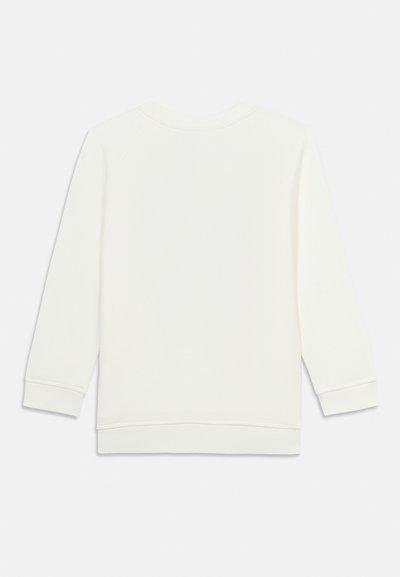 Απλό λευκό φούτερ με μακριά μανίκια, με ριμπ μανσέτες και τελείωμα, εμφανίζεται από πίσω σε ουδέτερο φόντο.