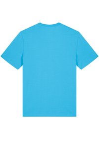 Kortebuis T-shirt in een levendige lichtblauwe kleur. Gemaakt van zachte katoen, met een ronde halslijn en een effen achterkant zonder afbeeldingen of patronen.