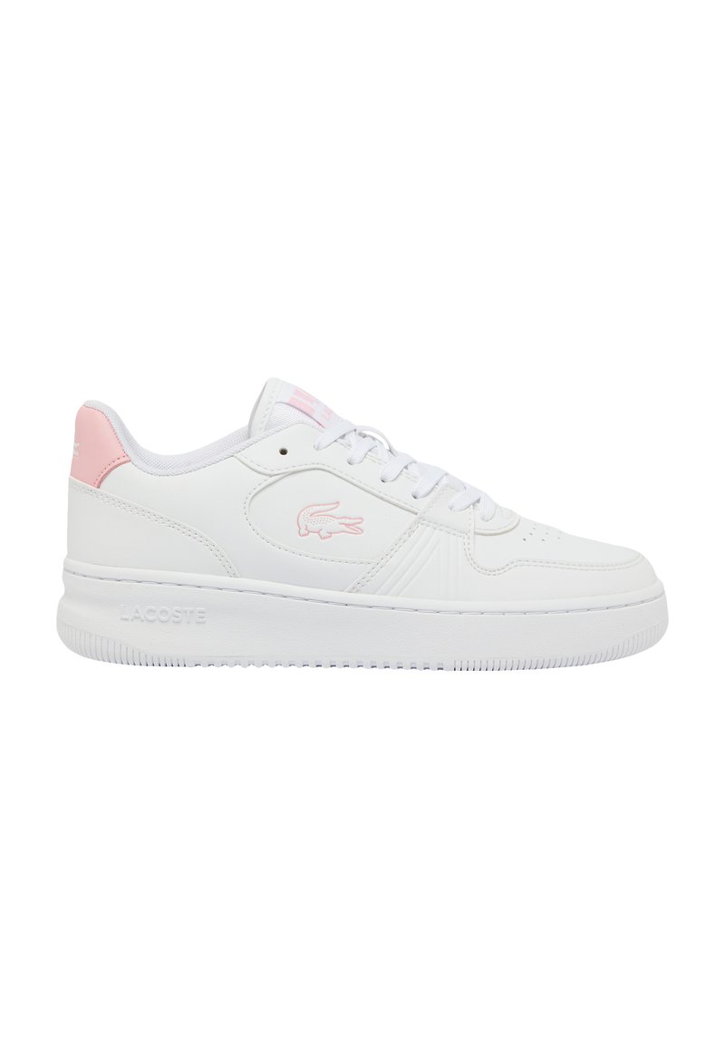 Fehér bőr sneaker rózsaszín részletekkel a sarkán és a nyelvén. Texturált talppal, kerek orral és perforált díszítéssel az oldalakon.