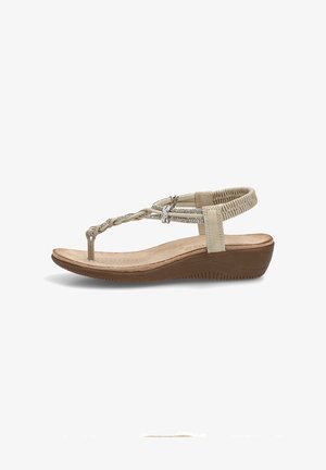 Sandalia con cuña beige con tira en T trenzada, banda elástica en el tobillo, adornos de piedras brillantes y plantilla acolchada.