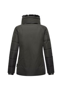 Giacca a vento grigia scura con colletto alto, rifiniture in pelliccia e maniche a trama contrastante. Presenta polsini a coste e un design slim fit.