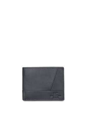 Zwarte leren bifold portemonnee met reliëflogo en diagonale stiksel detail aan de voorkant, geïsoleerd op een witte achtergrond.